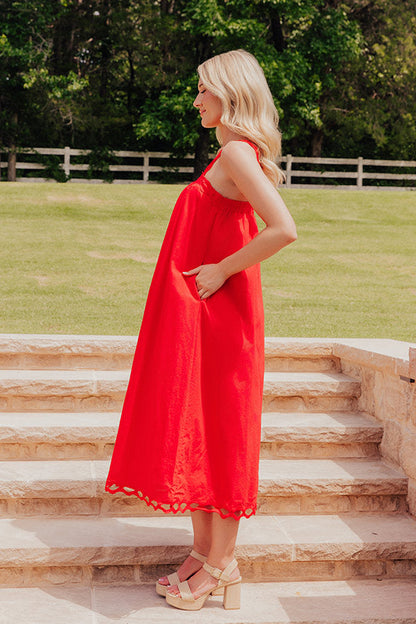 Lucinda Red Dress with Ric Rac Trim and Tiered Skirt