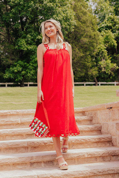 Lucinda Red Dress with Ric Rac Trim and Tiered Skirt