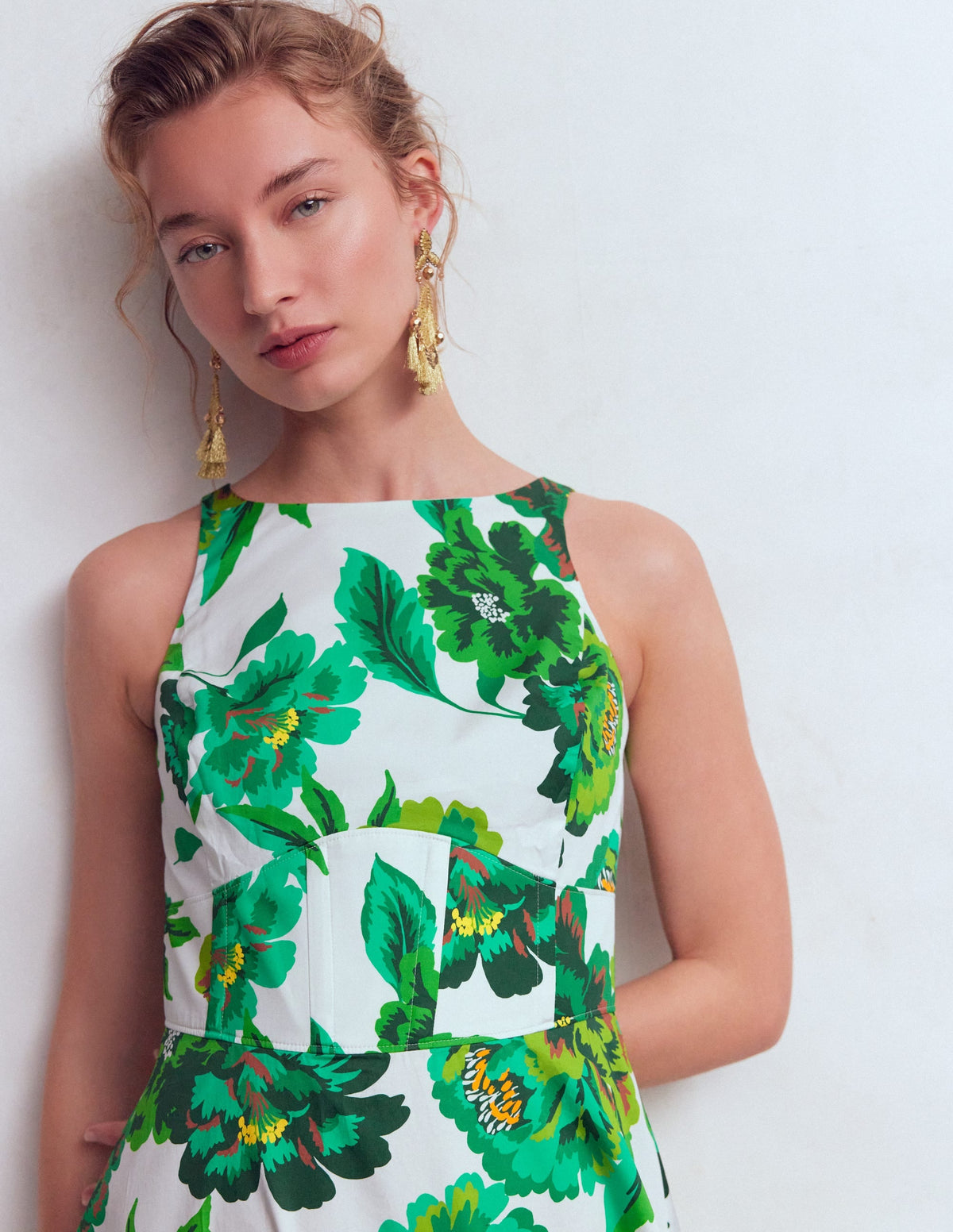 Noemi Green Dress with Boned Bodice and Floral Print