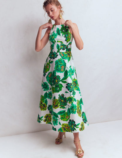 Aoife Green Dress with Corset Bodice and Blossom Print