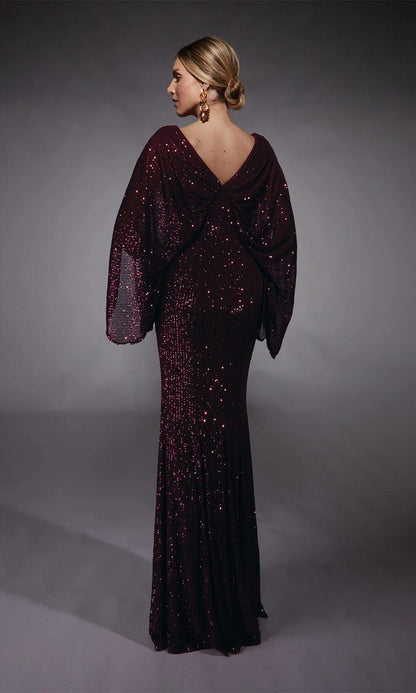 Rosaline Evening Gown with Cape Sleeves and Draped V Neck
