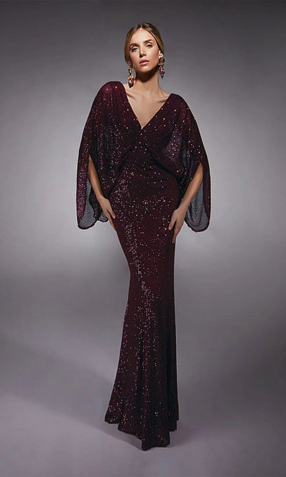 Rosaline Evening Gown with Cape Sleeves and Draped V Neck