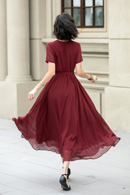 Florine Burgundy Dress with Wrap Front and Flared Skirt
