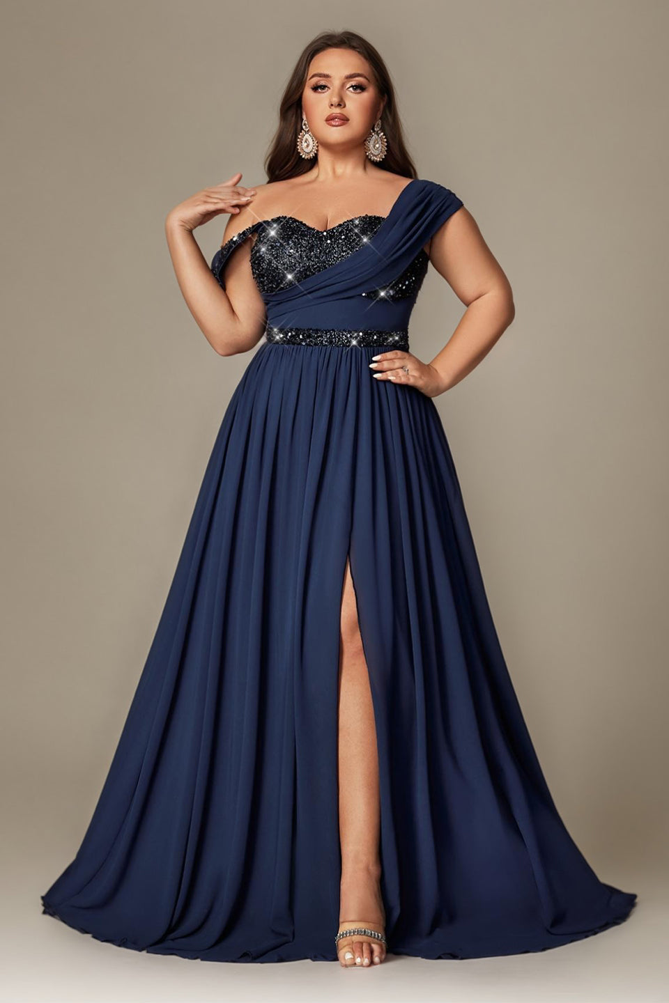 Ottilie Sequin Dress with Off-Shoulder Neck and Side Slit