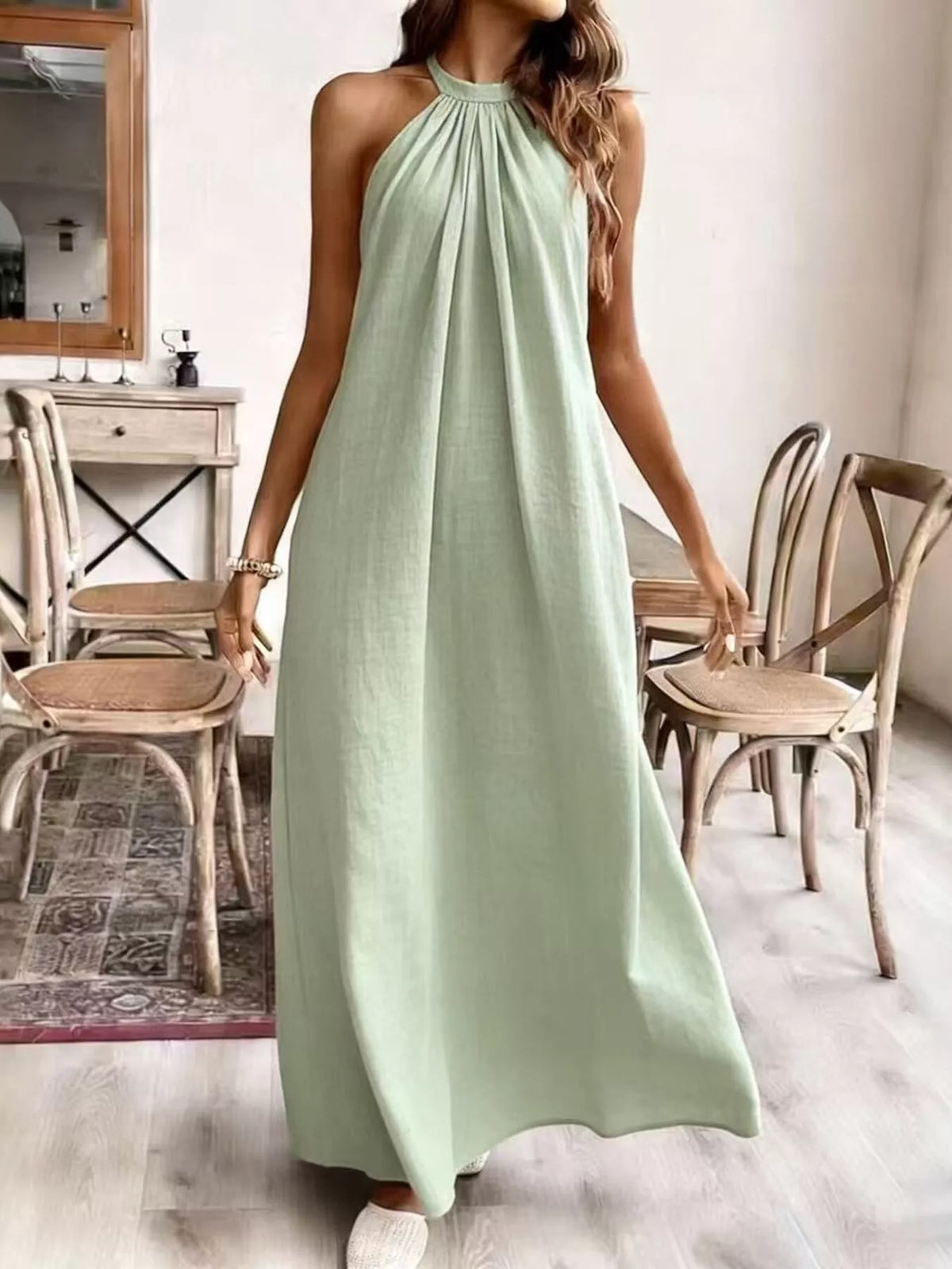 Maia Cream Dress with Halter Neck and Draped Cape Back