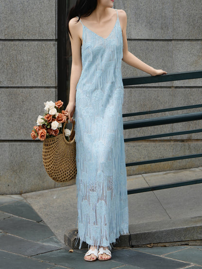 Martha French Fringe Slip Maxi Dress