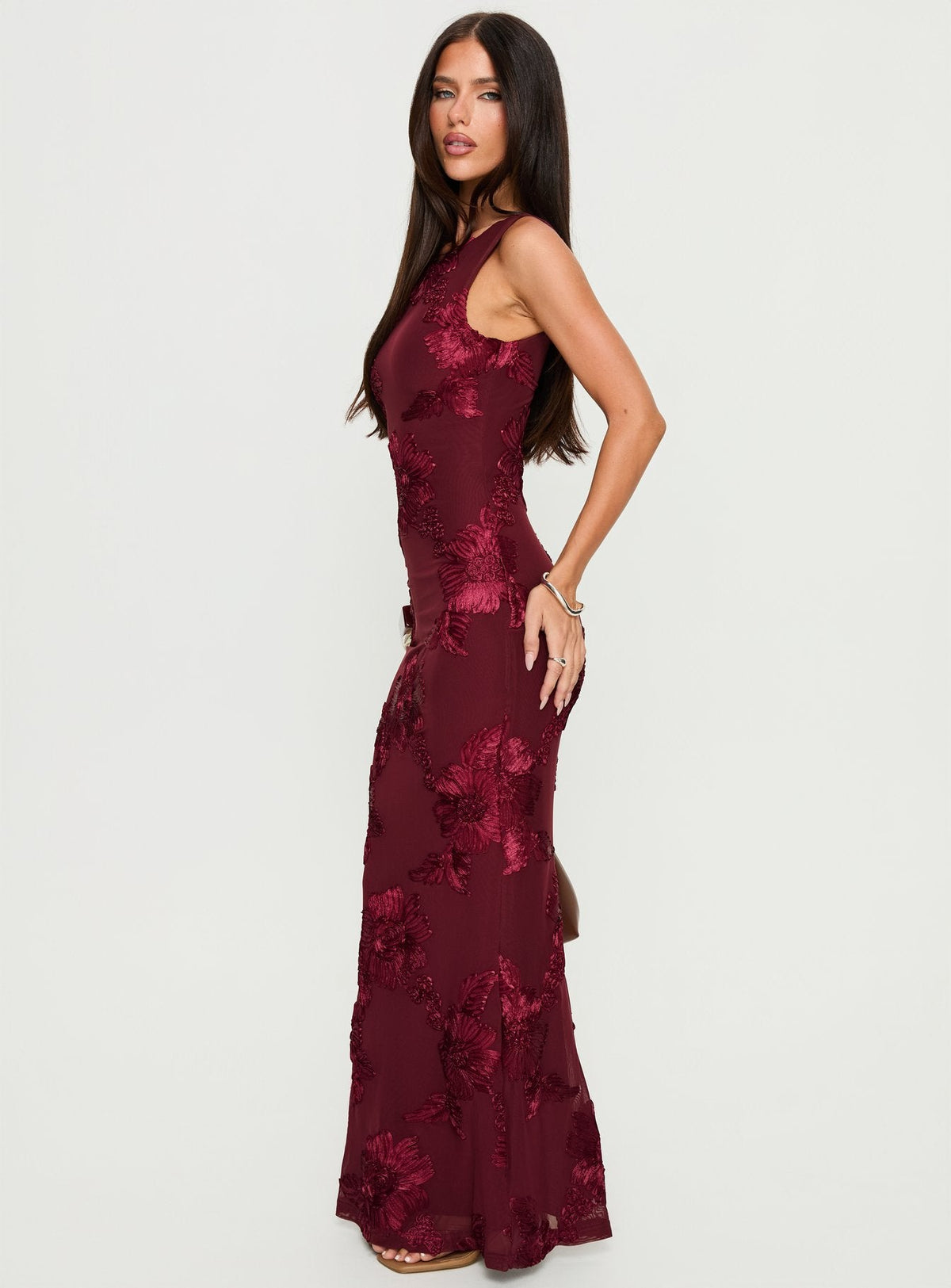 Jara Burgundy Dress with Floral Embroidery and Side Slit