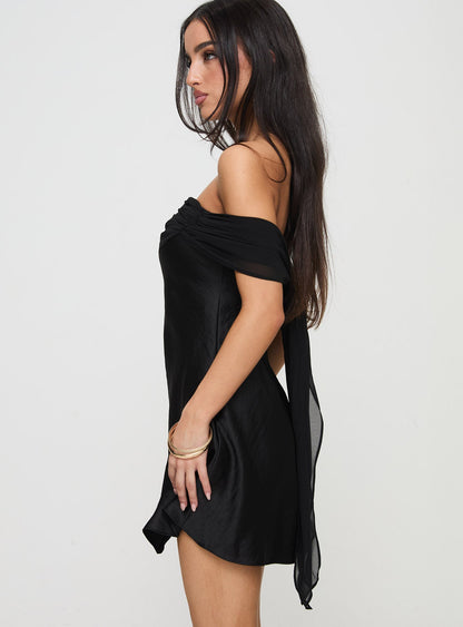 Ida Black Mini Dress with Off Shoulder Neck and Satin Finish