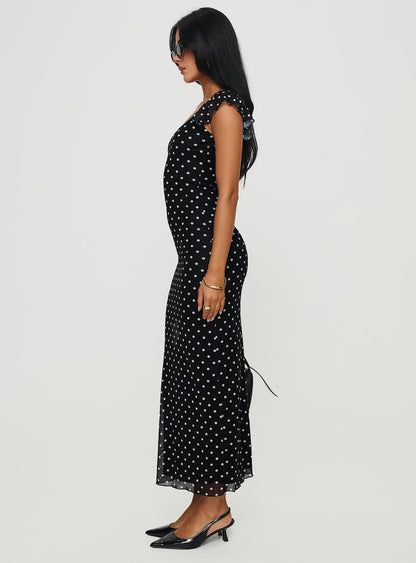 Aderyn Black Dress with Polka Dots and Boat Neckline