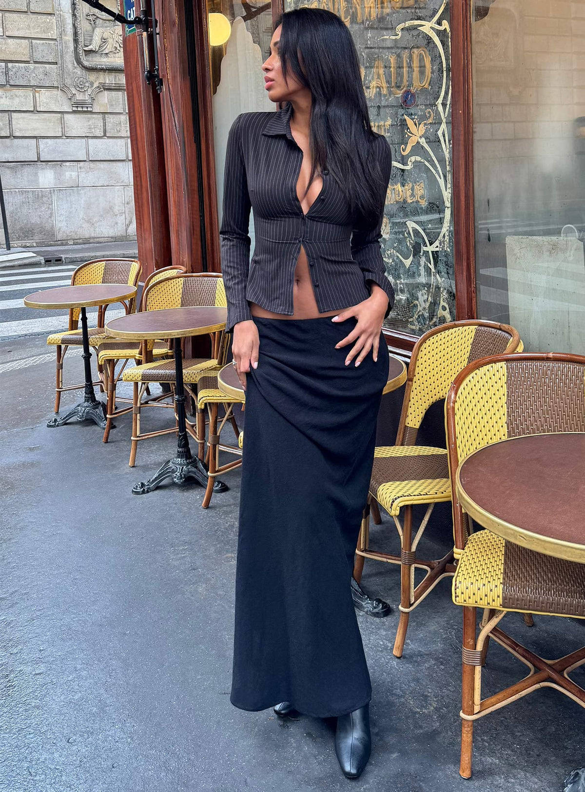 Estella Black Skirt with Column Cut and High Waist