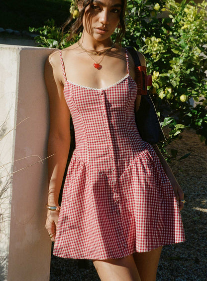 Eulalie Red Dress with Gingham Check and Corset Bodice