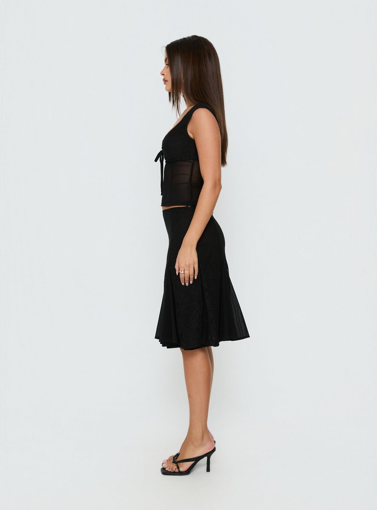 Emmy Black Skirt with Lace Panels and Midi Length