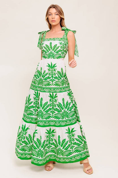 Salome Green Dress with Border Print and Full Skirt
