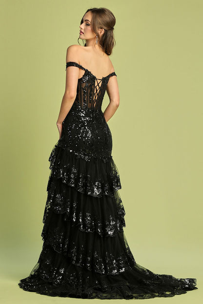 Ottavia Sequin Dress with Tiered Skirt and High Slit