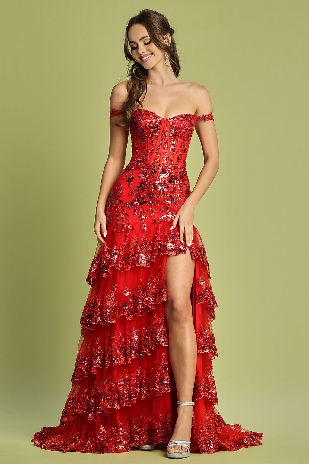 Ottavia Sequin Dress with Tiered Skirt and High Slit