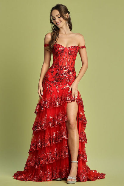 Ottavia Sequin Dress with Tiered Skirt and High Slit