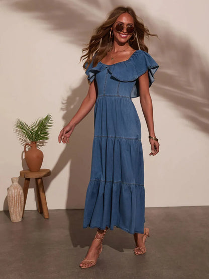 Alessa Off-Shoulder Brunch Dress in Dark Blue Denim