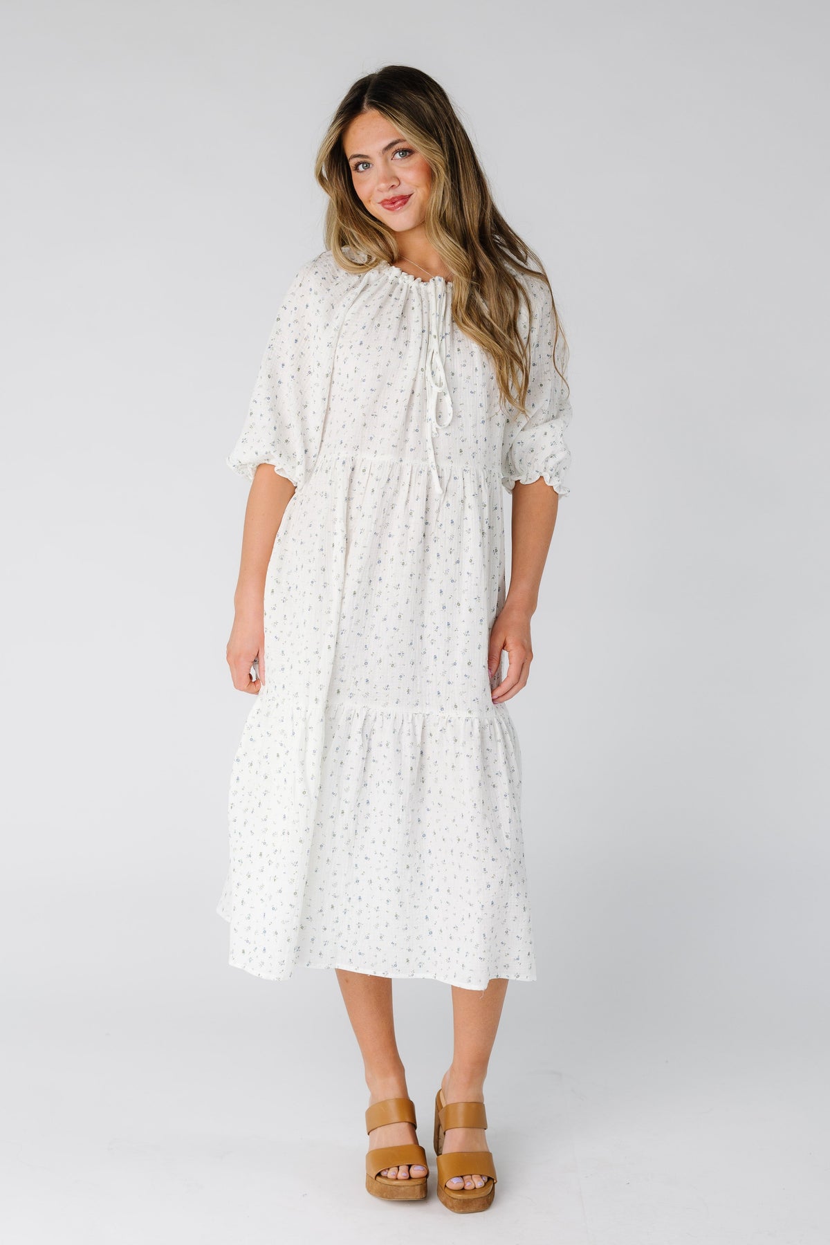 Pearl Cream Dress with Broderie Detail and Puff Sleeves