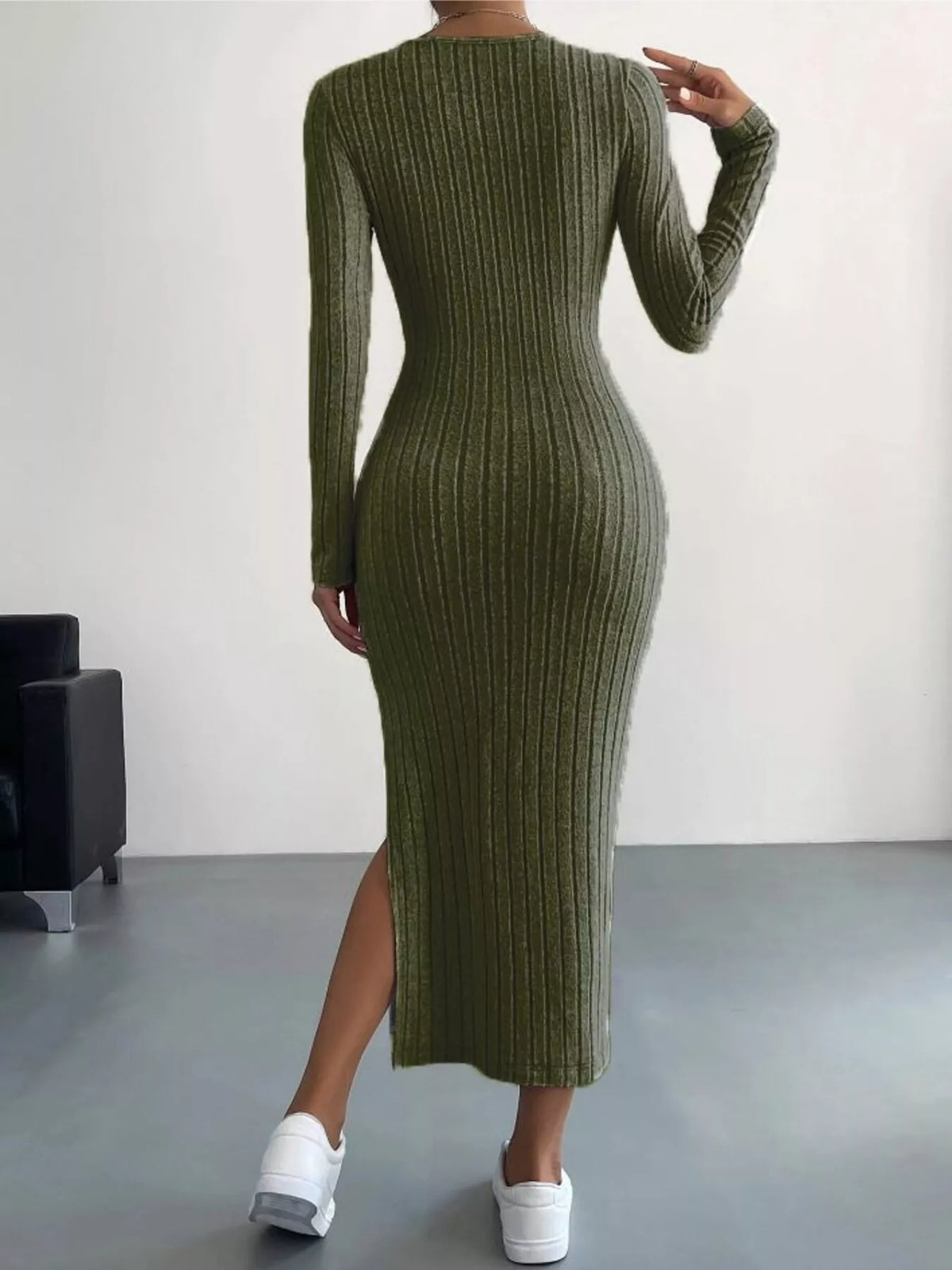 Anneli Knit Dress with Ribbed Bodycon Fit and Side Slit