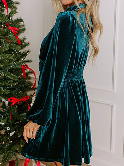 Fenna Velvet Dress with Tie Neck and Balloon Sleeves
