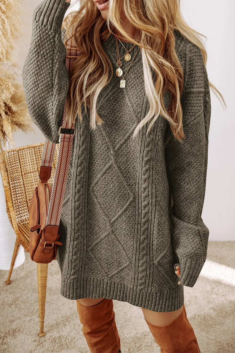 Dagny Sweater Dress with Cable Knit and Round Neck