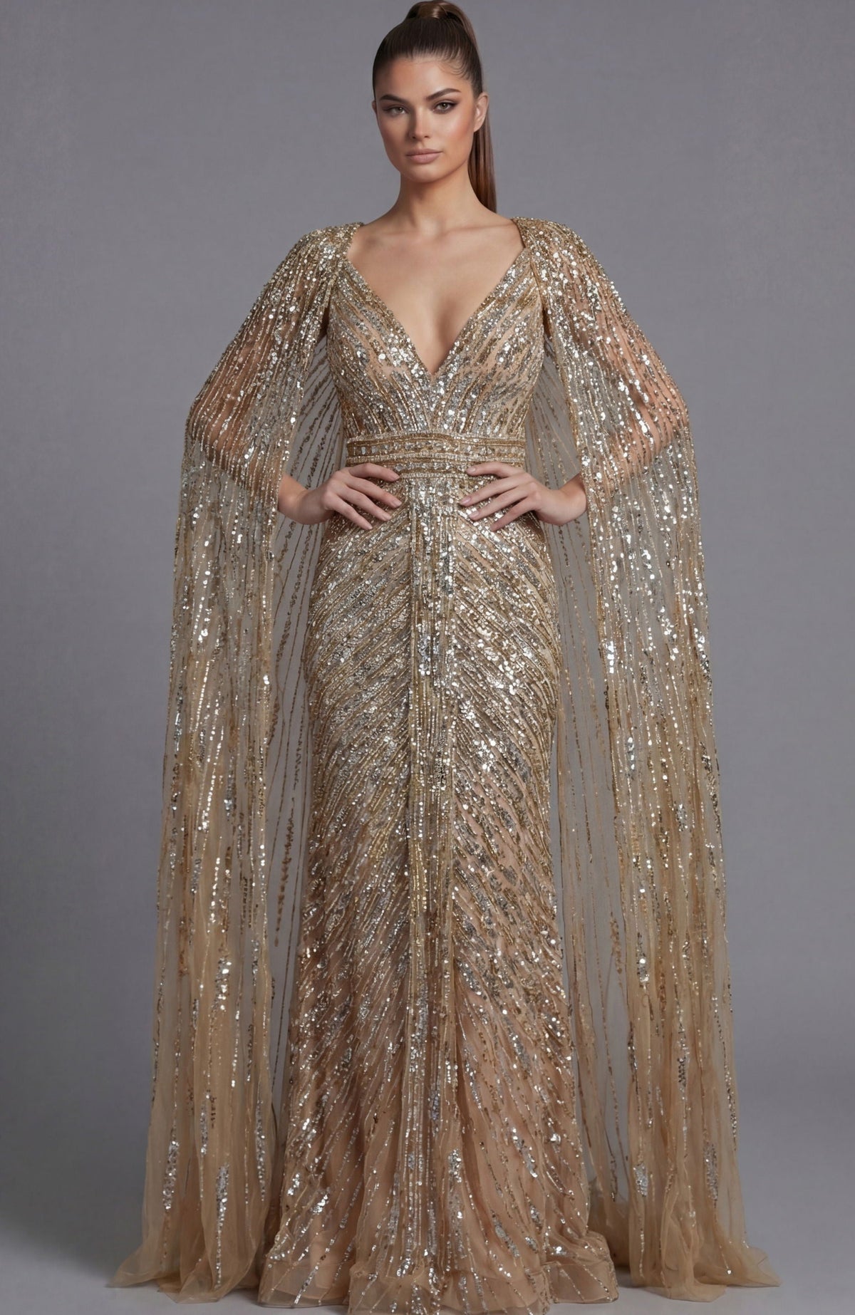 Beatrice Formal Dress with Beaded Body and Sheer Cape