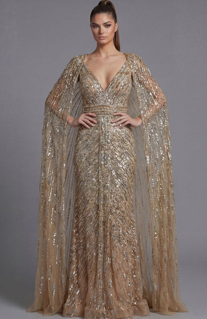 Beatrice Formal Dress with Beaded Body and Sheer Cape
