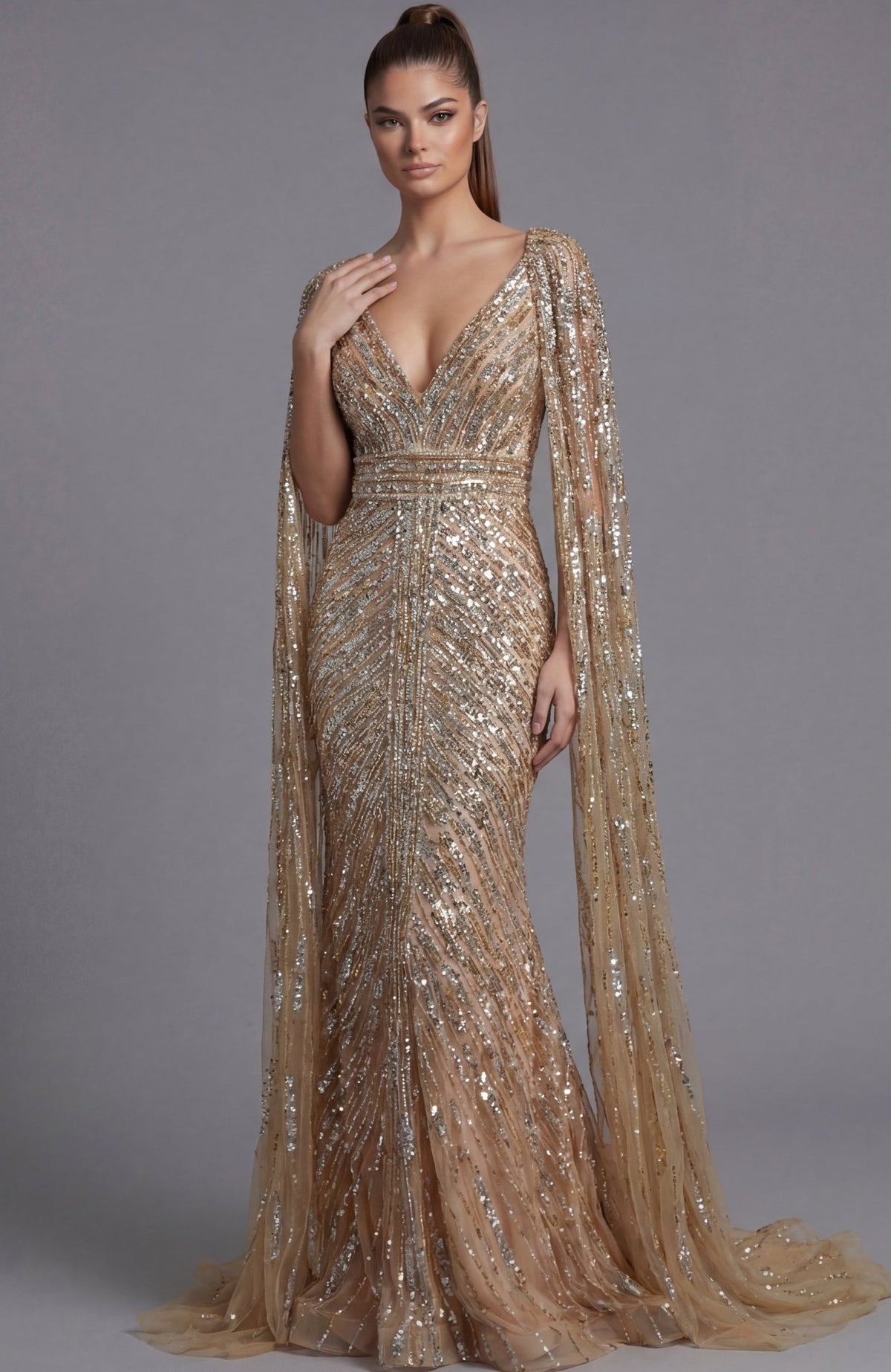Beatrice Formal Dress with Beaded Body and Sheer Cape