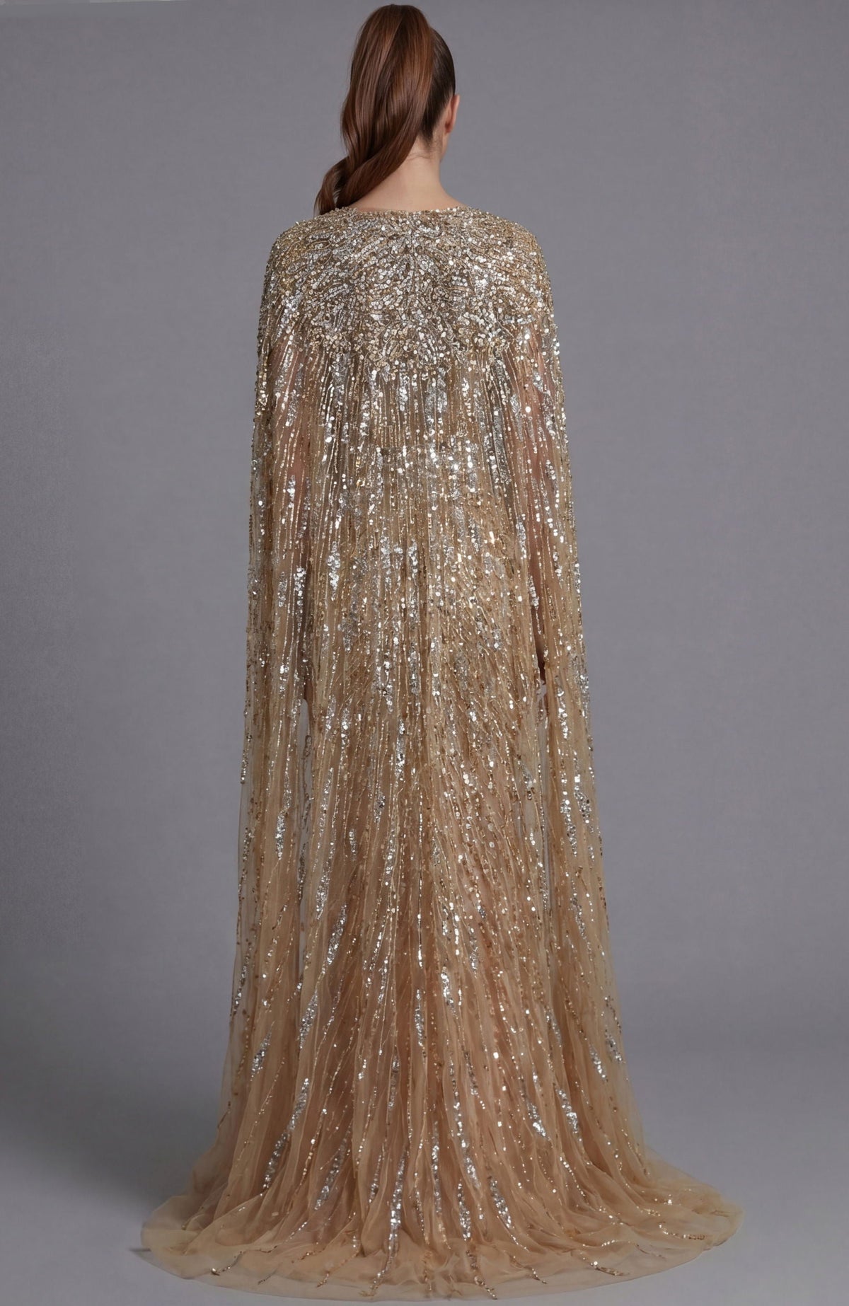Beatrice Formal Dress with Beaded Body and Sheer Cape
