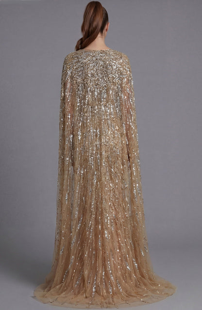Beatrice Formal Dress with Beaded Body and Sheer Cape