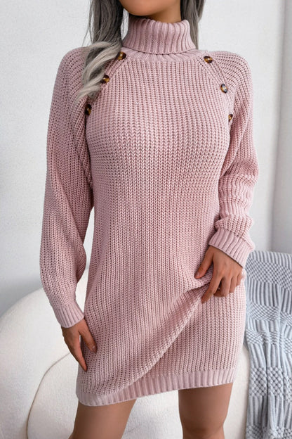 Hedda Sweater Dress with Belted Waist and Shoulder Buttons