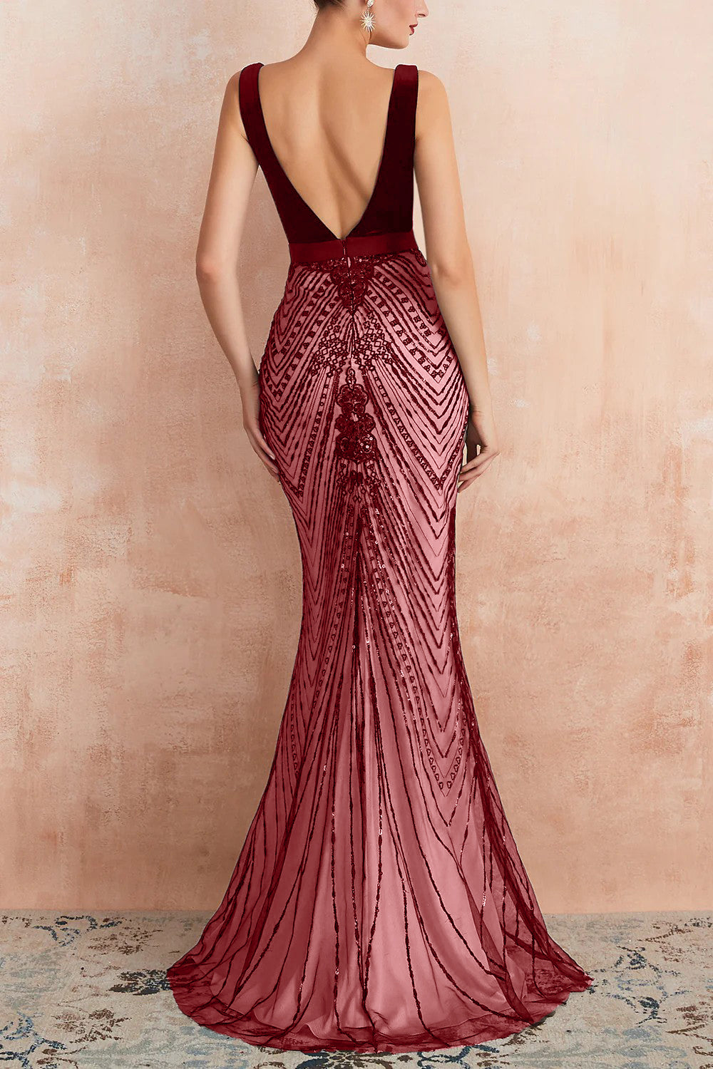 Rosamund Sequin Dress with Plunge Neck and Mermaid Hem