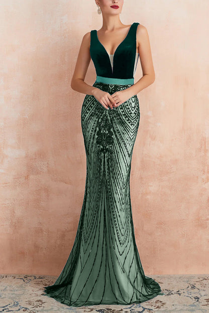 Rosamund Sequin Dress with Plunge Neck and Mermaid Hem