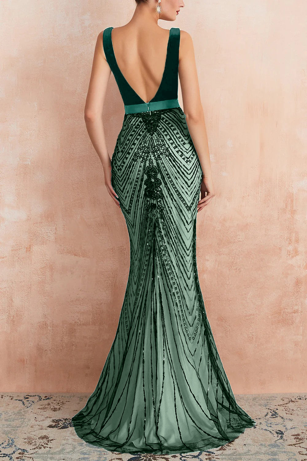 Rosamund Sequin Dress with Plunge Neck and Mermaid Hem