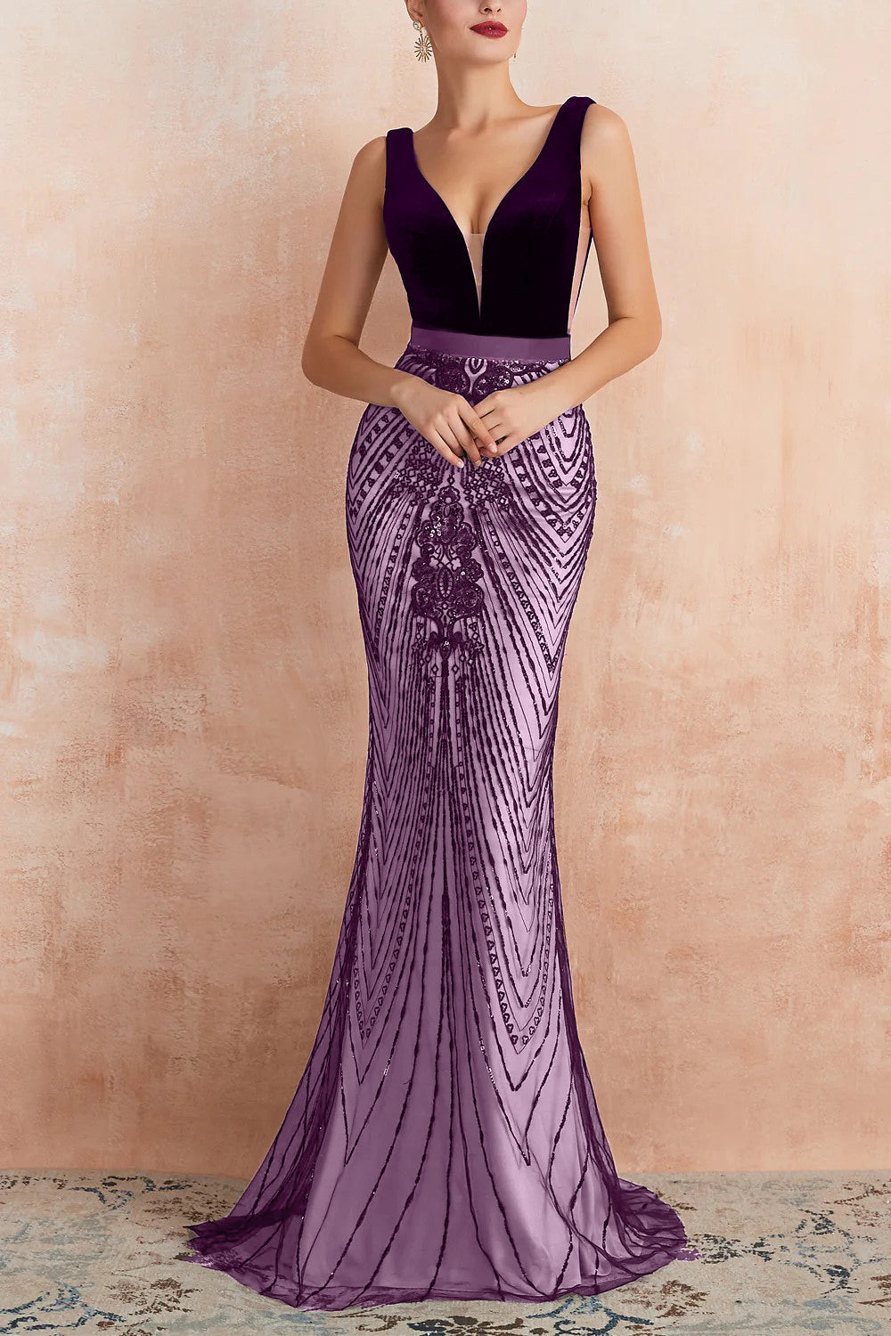 Rosamund Sequin Dress with Plunge Neck and Mermaid Hem
