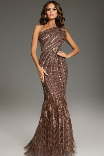 Annelise Evening Gown with Feather Hem and Beaded Body