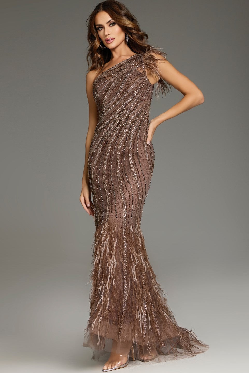 Annelise Evening Gown with Feather Hem and Beaded Body
