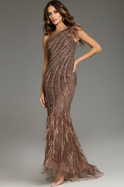 Annelise Evening Gown with Feather Hem and Beaded Body