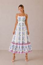 Luisa Cream Dress with Floral Border and Tiered Skirt