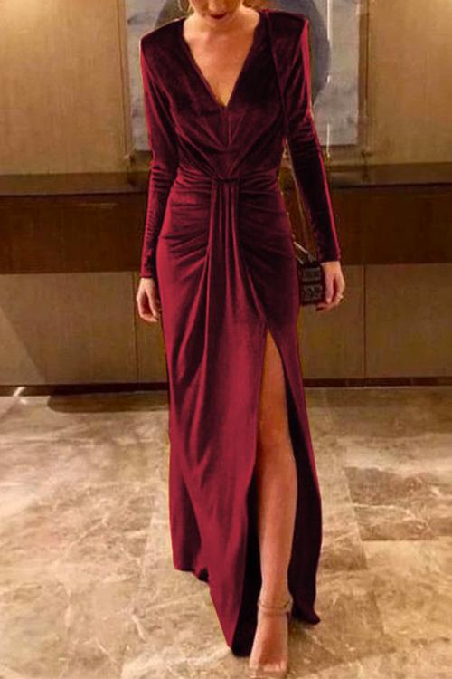 Ilse Velvet Dress with Deep V Neck and High Slit