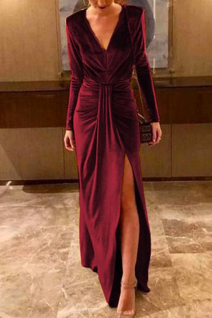 Ilse Velvet Dress with Deep V Neck and High Slit