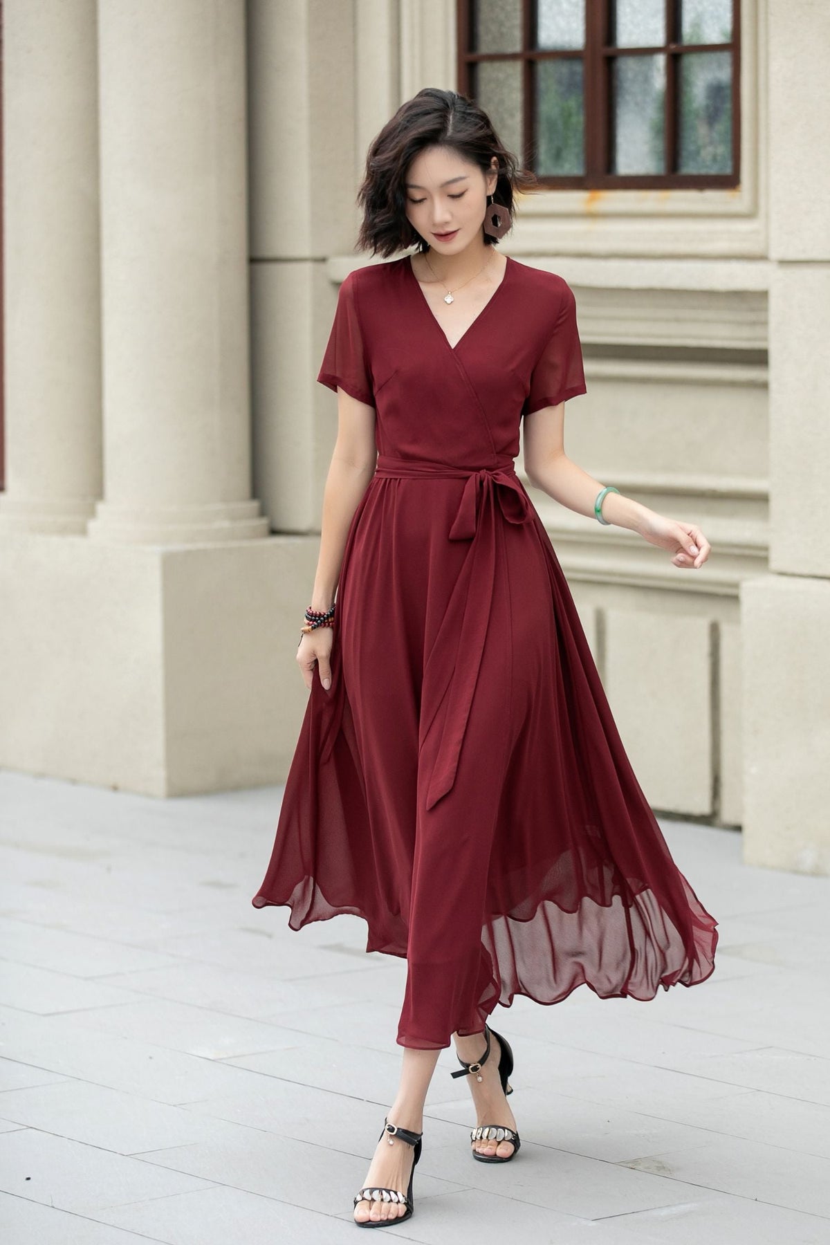 Florine Burgundy Dress with Wrap Front and Flared Skirt