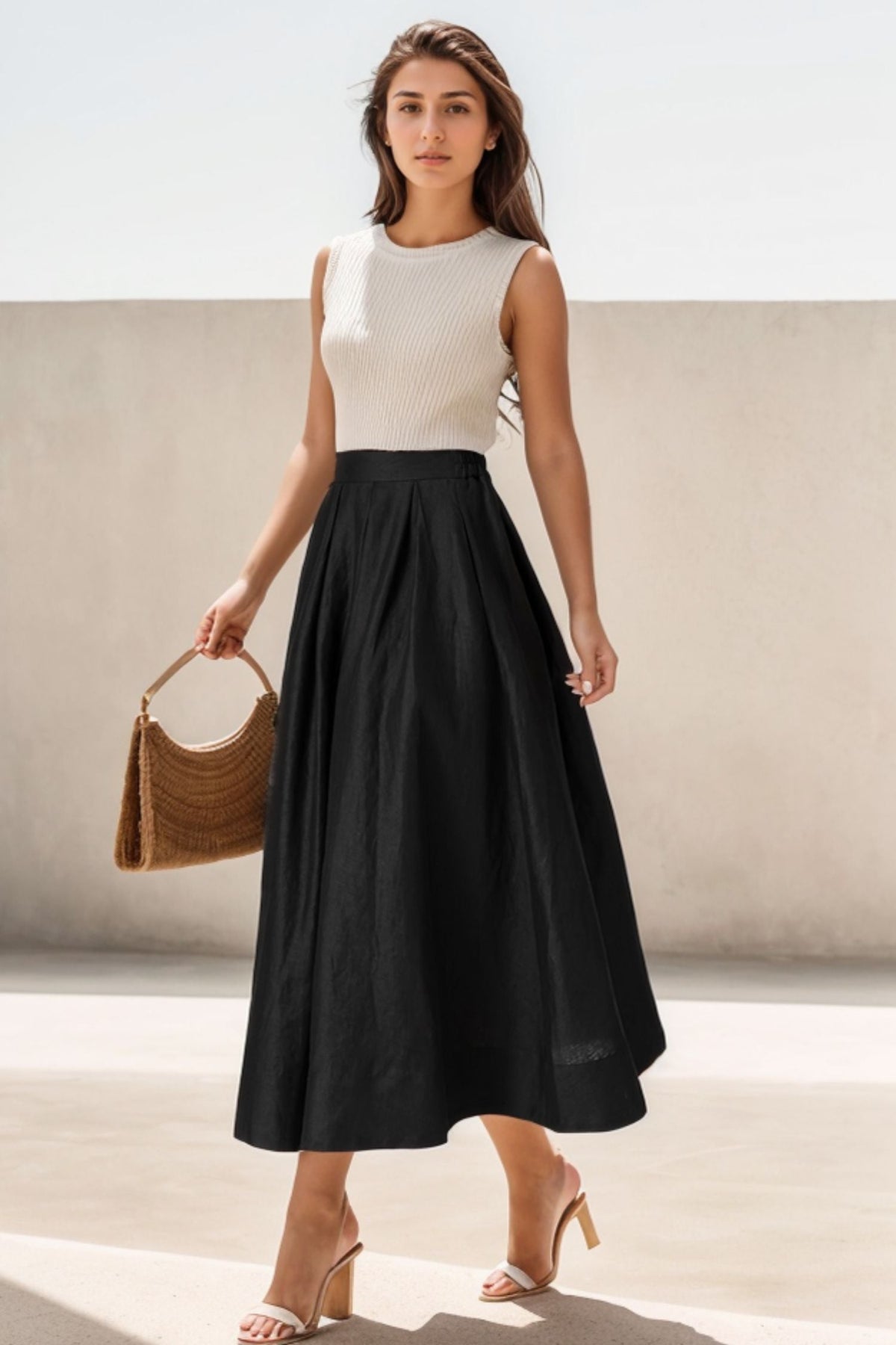 Jenna Black Skirt with Pleated Waist and Linen Blend