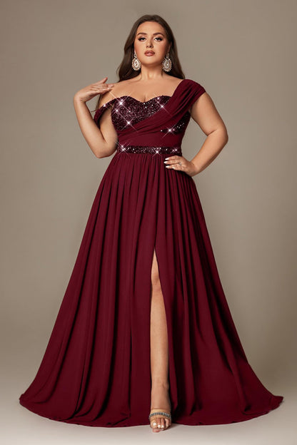 Ottilie Sequin Dress with Off-Shoulder Neck and Side Slit
