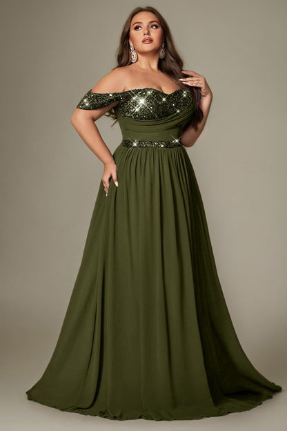 Ottilie Sequin Dress with Off-Shoulder Neck and Side Slit