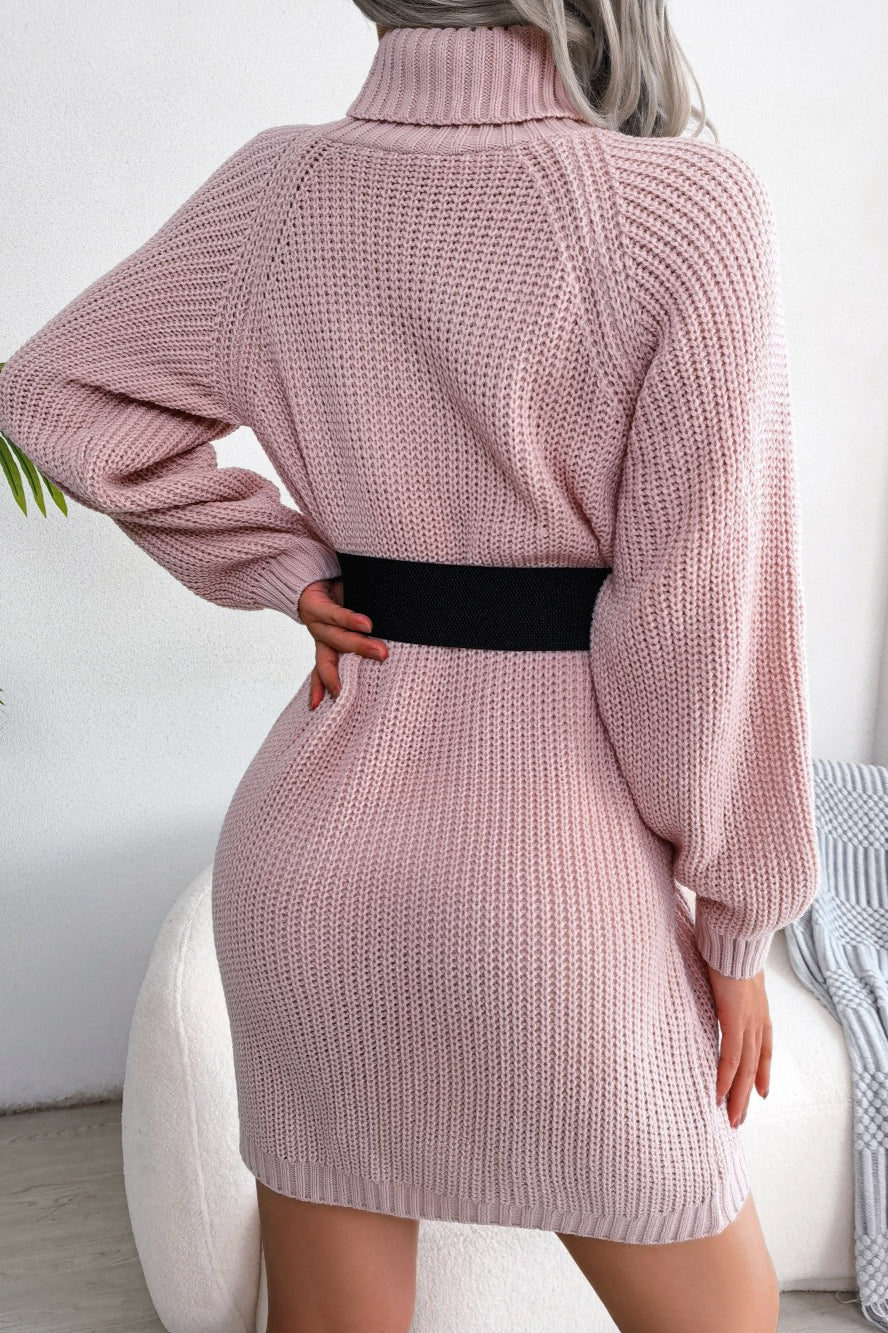 Hedda Sweater Dress with Belted Waist and Shoulder Buttons