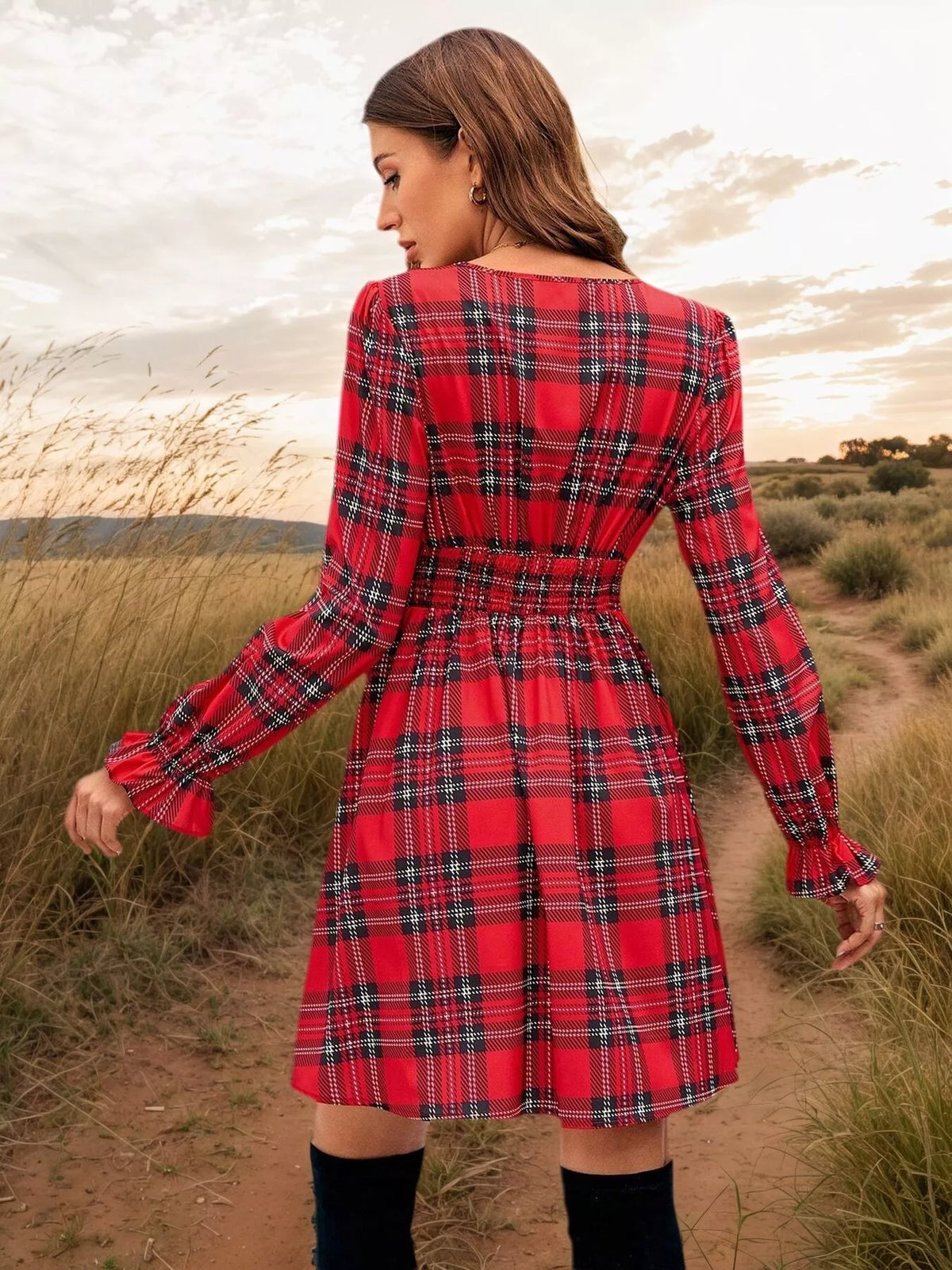 Yseult Red Dress with Tartan Check and Tie Front