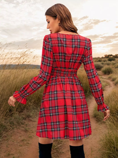 Yseult Red Dress with Tartan Check and Tie Front