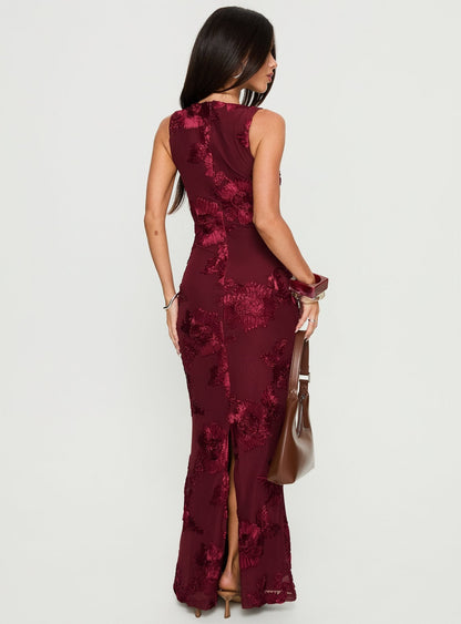 Jara Burgundy Dress with Floral Embroidery and Side Slit