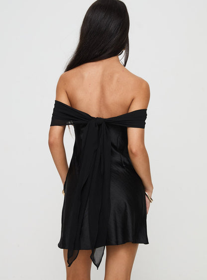 Ida Black Mini Dress with Off Shoulder Neck and Satin Finish